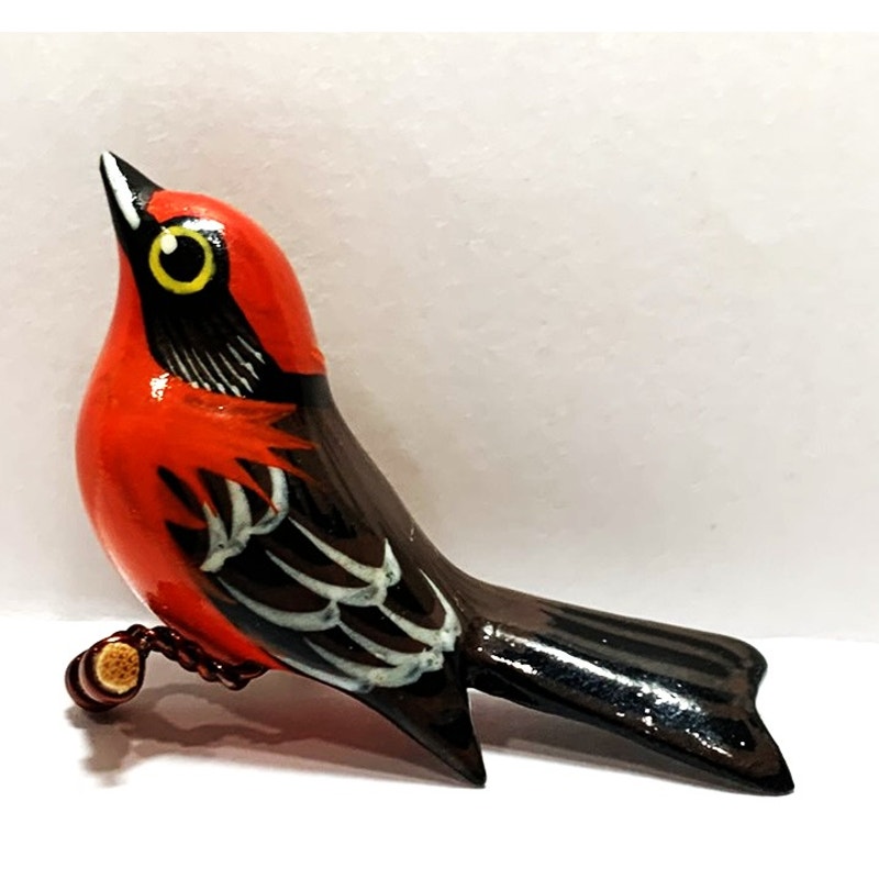 Takahashi Red Tanager Bird Pin Brooch Carved Japanese 2
